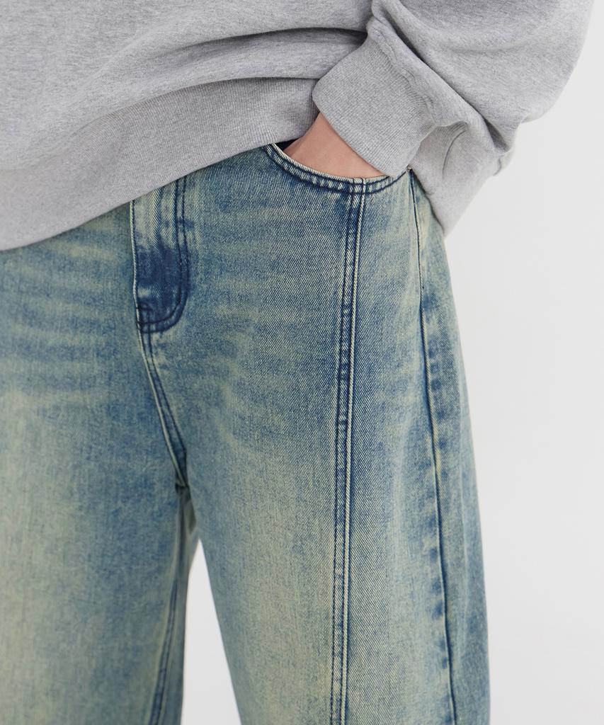 Akeusi Craft Centerline Over Balloon Fit Wide Denim Pants (Light Wash)