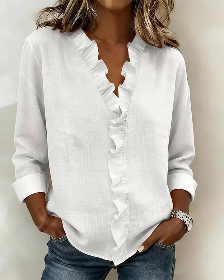 European Spring 2026 Women's Ruffle-Trim Cotton Long-Sleeve Shirt