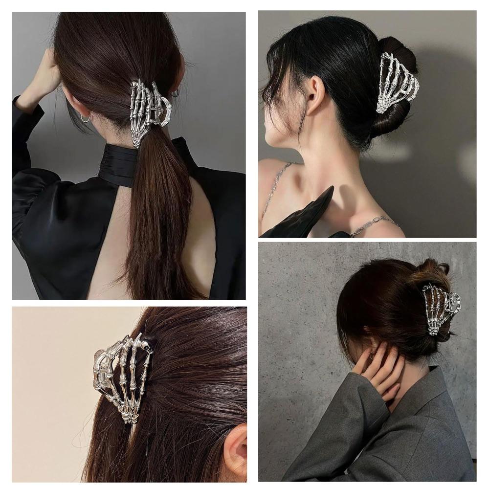 Metal Skull Hand Hair Clip Silver Punk-inspired Art Skull Embellishment Metal Halloween Hair Securing Claw Hair Clip for Women