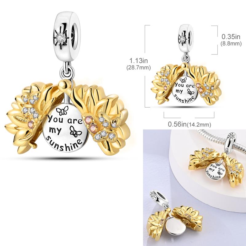Copper Sunshine Golden Sunflowers Charms Beads Eternal Love Heart Dangle Fit Original Bangle Bracelets Diy Jewelry