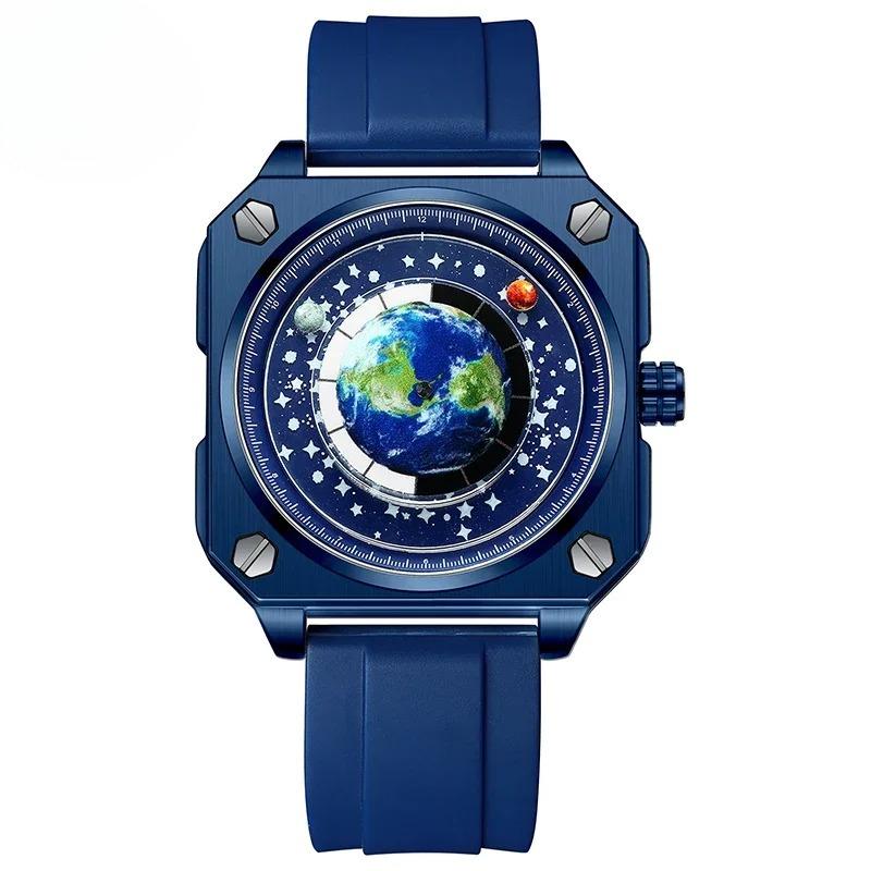 Earth Watch for Men Rotating Earth Dial New Concept Creative Blue Planet Non Mechanical Pointer Silicone Tape Men Watch