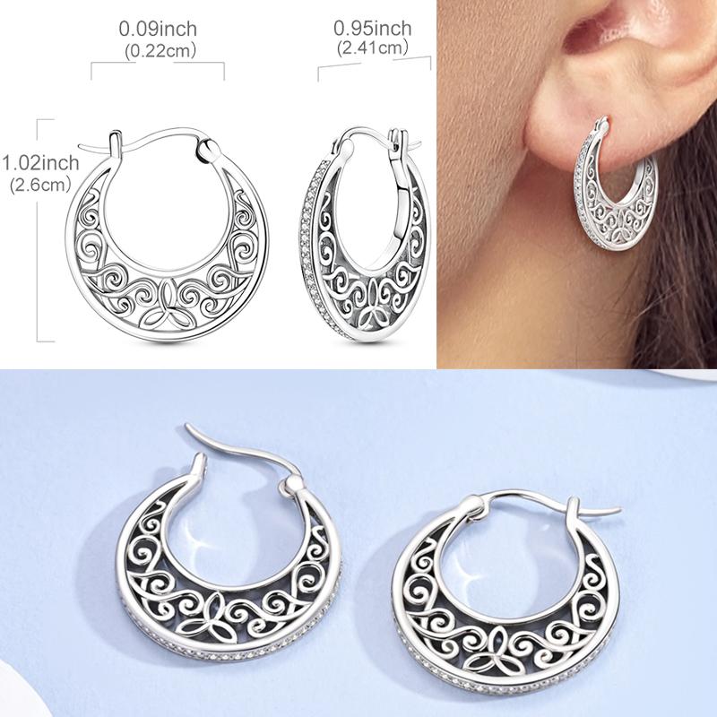 Original 925 Sterling Silver Zircon Loop Big Hoop Earrings For Women Vintage Pattern Elegant Jewelry Gift