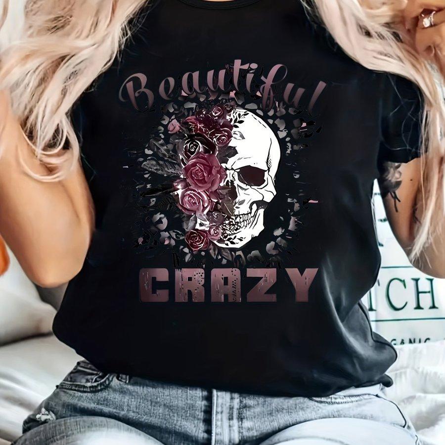 Skull & Letter Print T-shirt Casual Crew Neck Short Sleeve T-shirt Women's Clothing