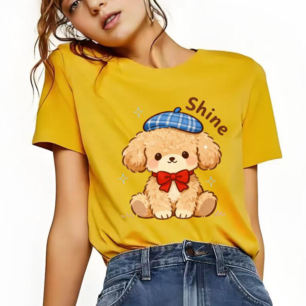 Neues Niedliches Cartoon Lockiger Hund Aufdruck T-Shirt Lässig Kurzarm Geeignet für Vier Jahreszeiten Tägliche Kleidung Damen T-Shirt