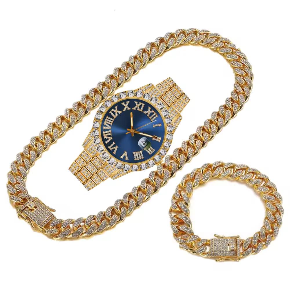 Bling Fully Iced Out Quartz Watch Necklace Bracelet Set Silver Gold Plated 13mm Chain Diamond Pointer Dial Men's