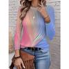 Ladies' Gradient Pink Blue Printed Long Sleeve T-shirt - Gradual Splicing Round Neck Casual Top