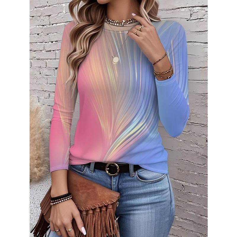 Ladies' Gradient Pink Blue Printed Long Sleeve T-shirt - Gradual Splicing Round Neck Casual Top