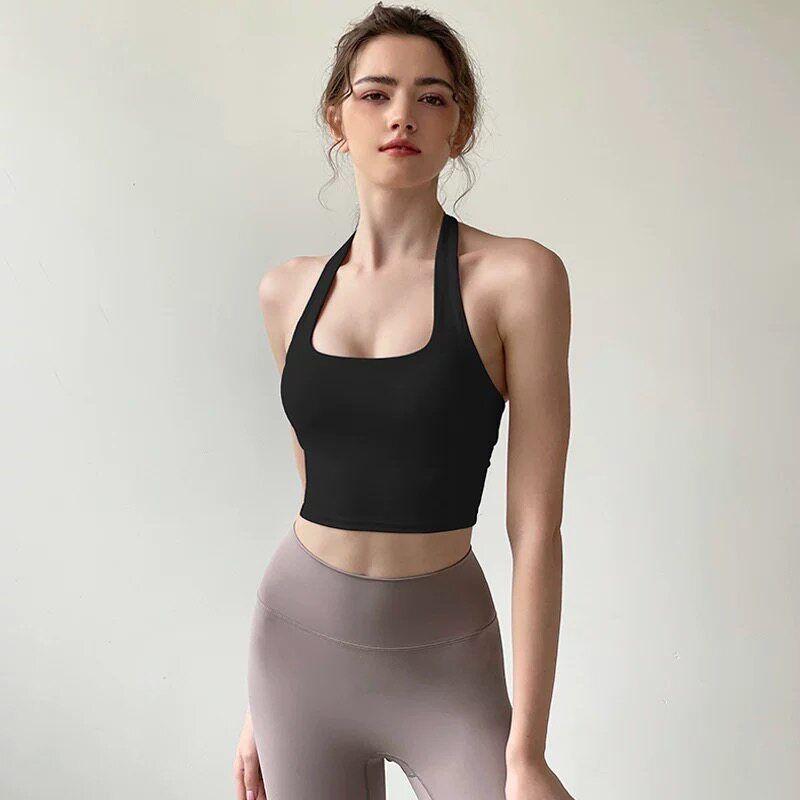 2026 New European and American Style Sexy Halter Neck Women s Push-Up Running Fitness Bra Outerwear Waist-Cinching Yoga Tank Top Black S