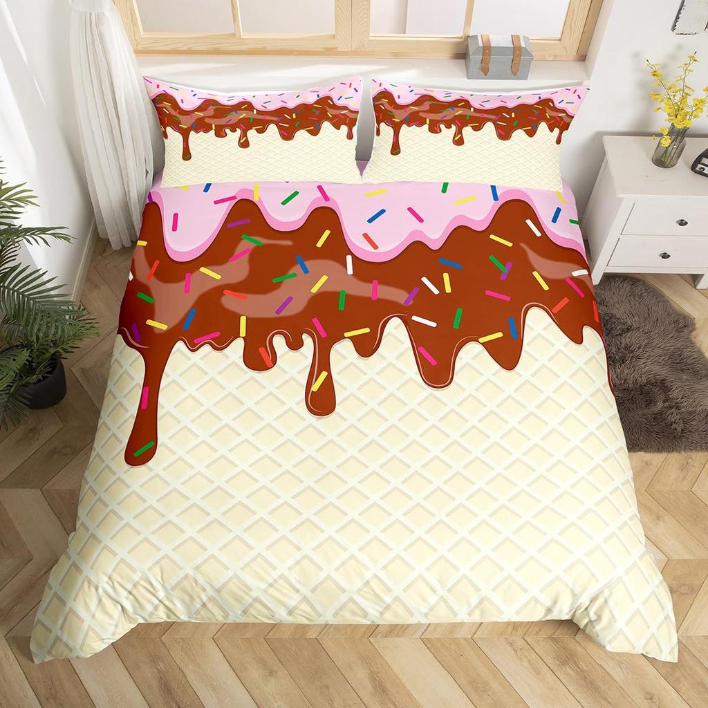 Ice Cream Party Bedding Set,Sweet Dessert Duvet Cover Chocolate Pink White Yellow Comforter Cover Colorful Candy Quilt Cover