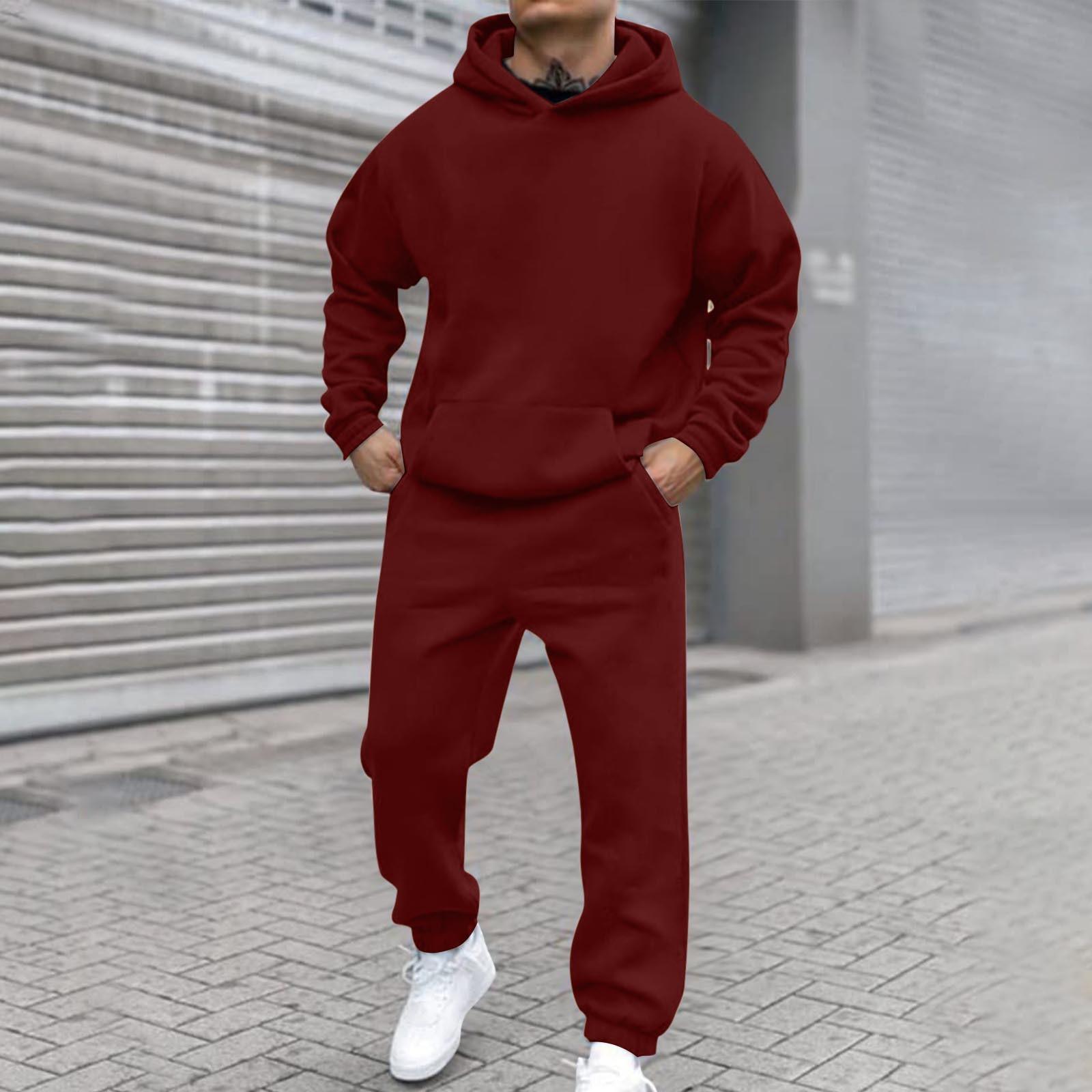 Men s Solid Colour Hooded Long Sleeve Sweatshirt Home Trousers Running Suit S винный