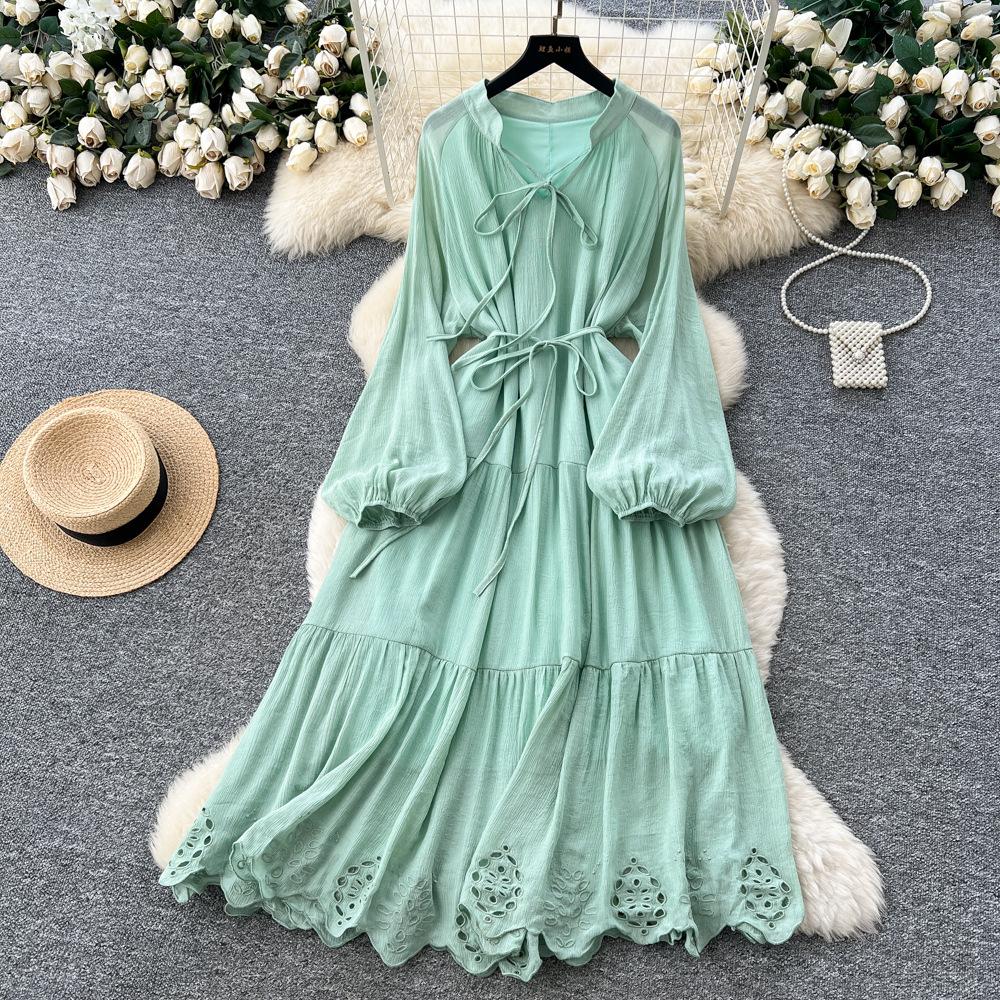 French Gentle Wind Temperament Lace-up Lantern Sleeves Waist Hollow Embroidery Dress Women's Autumn and Winter High-end Long Skirt