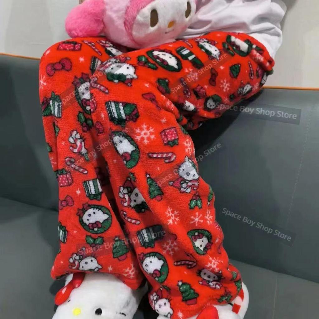 Cartoon KT Cat Christmas Flannel Pajama Pants for Women - Cozy Autumn/Winter Kitty Fleece Sleepwear