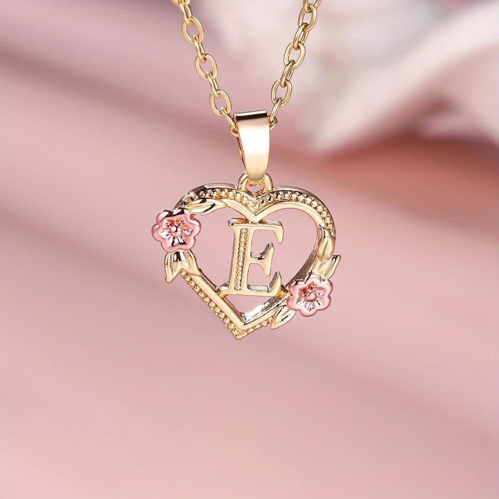 1 Pc Golden Color 26 English Letter Heart Necklace Rose Flower Pendant Wedding Band Jewelry Valentine's Day Gift