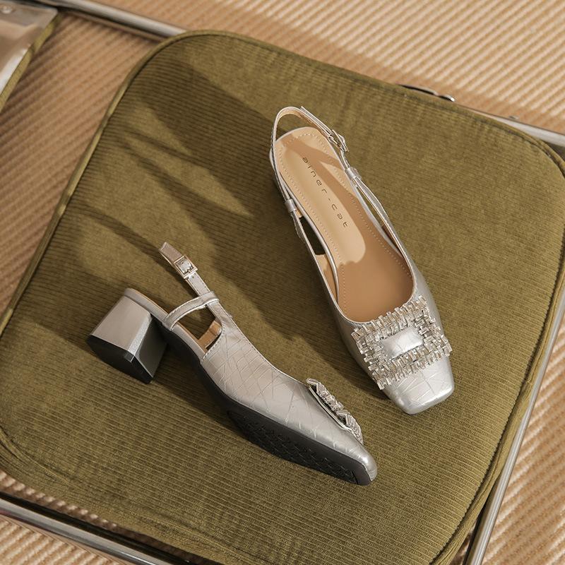 

55102 high heels women s thick heel 2025 new square head empty sandals temperament medium heel rhinestone square buckle shoes 39