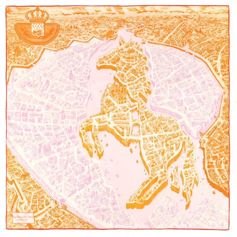 POBING Manual Hand Rolled Twill Silk Scarf Women Horse Map Square Scarves Echarpes Foulards Femme Wrap Lady Bandana Hijab 90CM