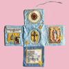 Handcrafted Pocket Shrine with Cross Included Inside,Faith Cross-Shaped Fabric Pouch Sewing Pocket with Saint Images Prayers