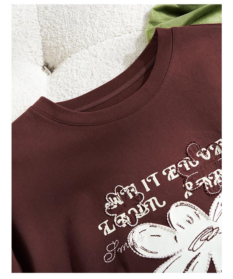 Rongtai Women's 2025 Autumn Retro Casual Printed Cotton Long Sleeve T-shirt