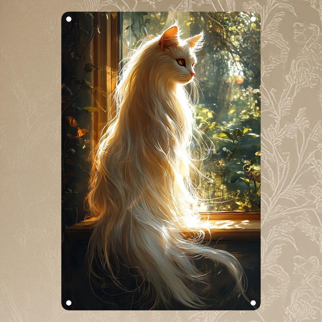 

AnxiLook Square Cat Wall Art Aluminum Decor with Longhair Cat Illustration for Home Office Decor 20x30cm（7.8x11.8inch）