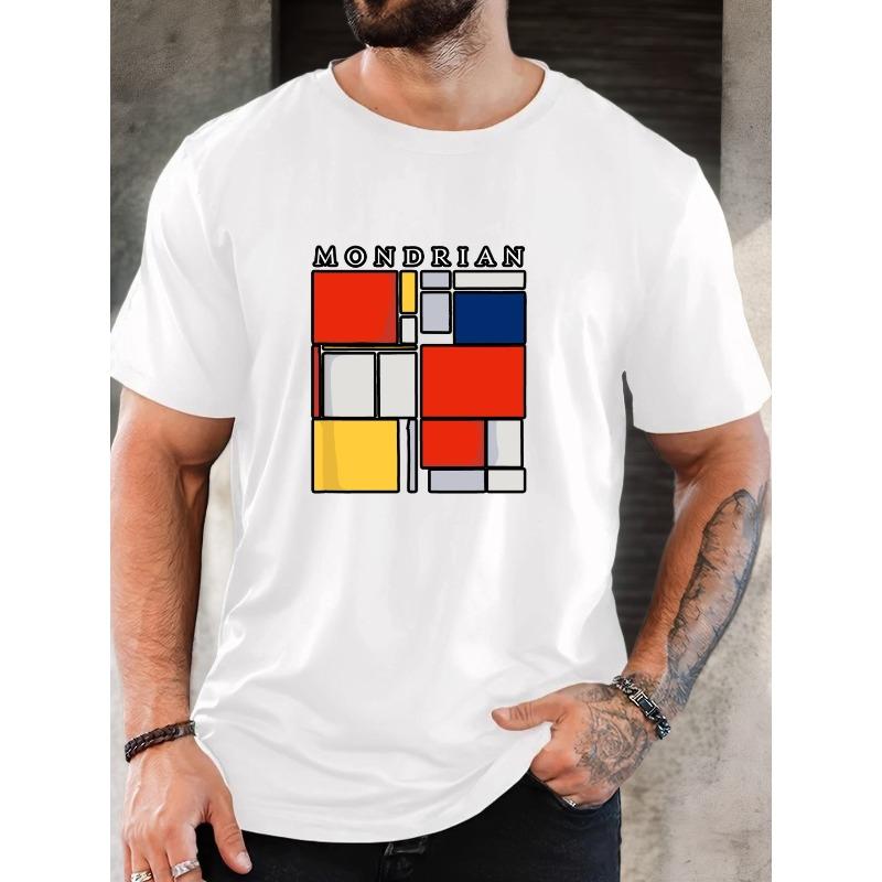 

Hot - Selling Mondrian - Style Geometric Graphic T - Shirt High - End Digital Print Round Neck Men s Regular Short Sleeve Cool Niche Trendy Brand S белый