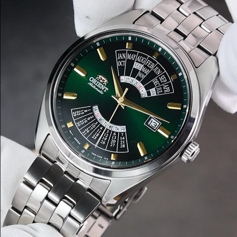 Men's Watch Fully Automatic Mechanical Watch Perpetual Calendar Large Dial Steel Belt Waterproof Casual Watch Steel Belt Green Dial RA-BA0002E10B