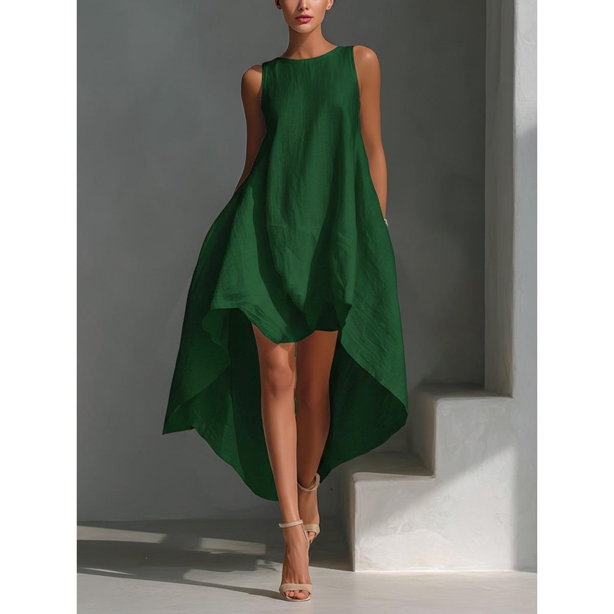 

European American Spring Summer Women s Sleeveless Cotton Linen Irregular High Low Hem Loose Vacation Dress 3XL зелений