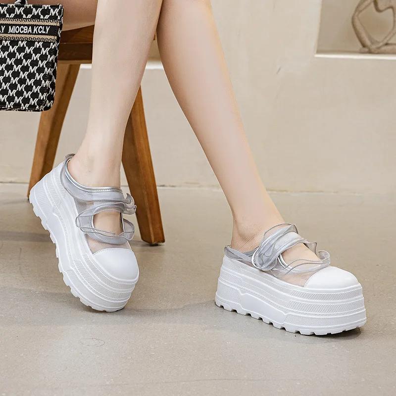 Fashion 8CM Air Mesh Women New Summer Spring Slides Sandals Platform Wedge Microfiber Mules Shoes Chunky Sneaker Platform Wedge Slippers