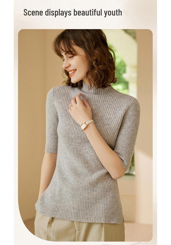 Women's Slimming High-Neck Cashmere Sweater - Half-Sleeve, Five-Gauge Knit, Spring Slim-Fit