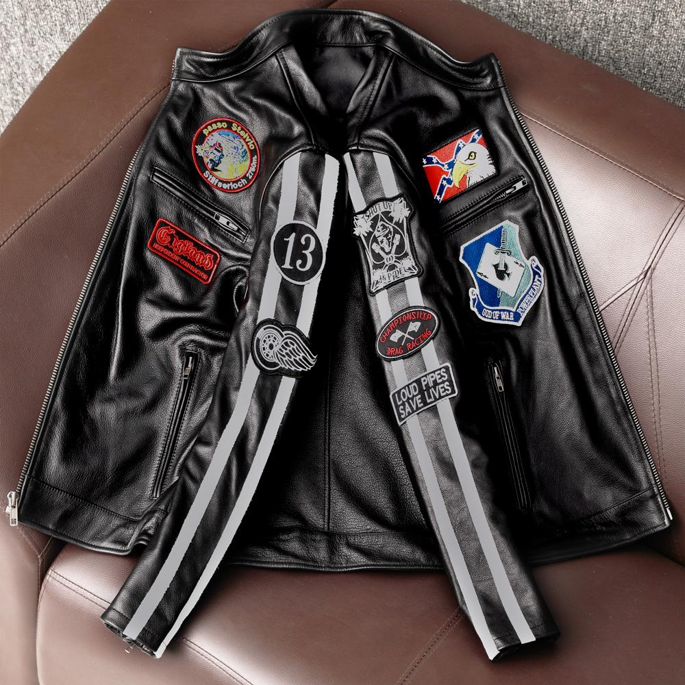 New Multi Logo Genuine Leather Jacket Men Slim Fit Biker Coat Pure Cowhide Short Trendy Outerwear