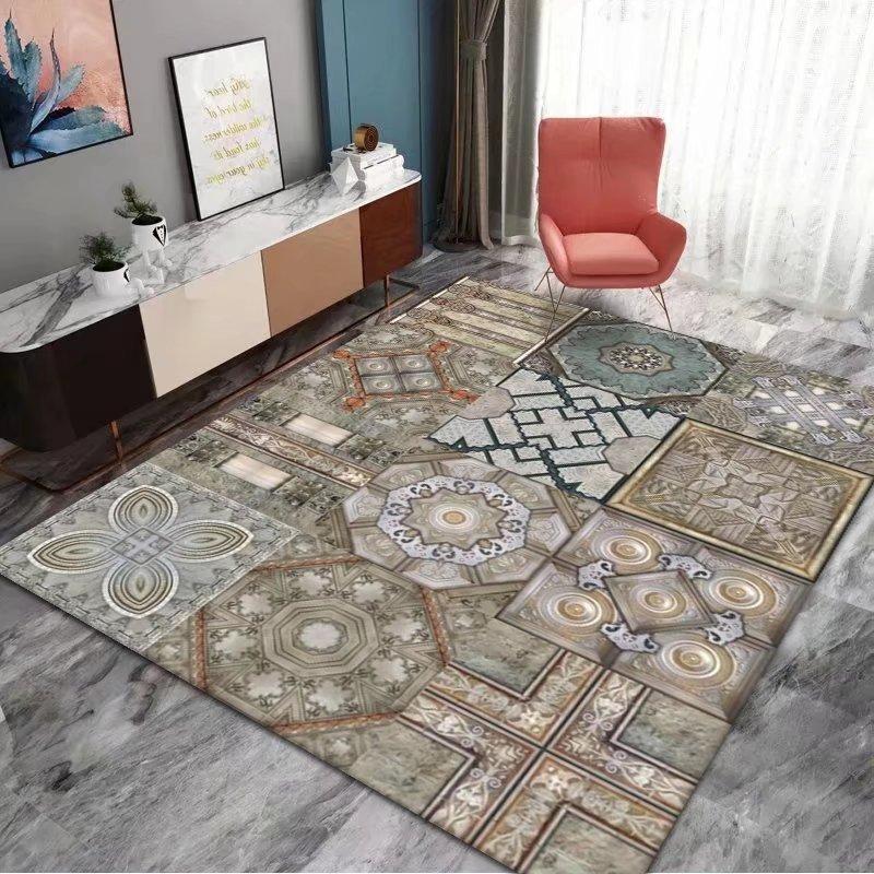 Bohemian Mandala Carpet Black Beige Lace Border Intricate Pattern Non Slip Area Rug for Vintage Home Decor