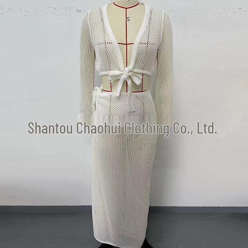 European & American Style Bandage Set: Long-Sleeved Top with Midi Skirt Beach Dress