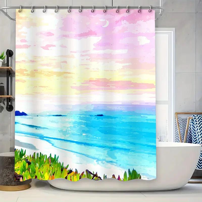 Vibrant Beach Scene Shower Curtain Pink Blue Watercolor Sky Bath Decor for Modern Bathroom