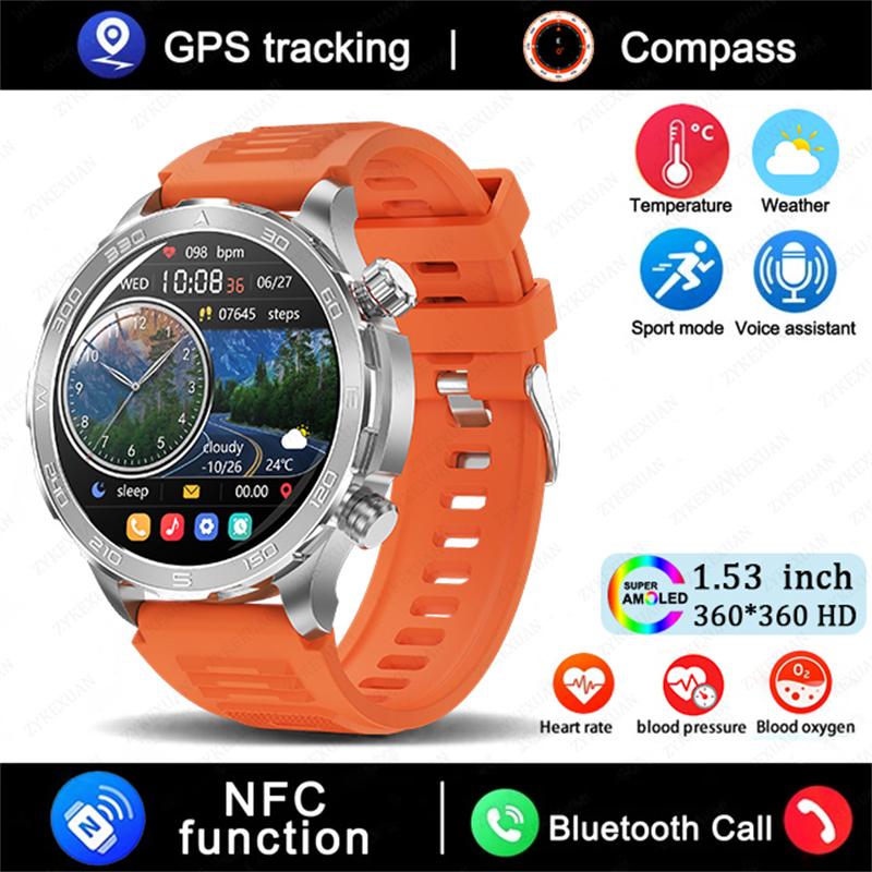 GPS Track Smart Watch AMOLED Screen Always Show Time Sports Fitness Heart Rate IP68 Waterproof Compass Call  New Smartwatch