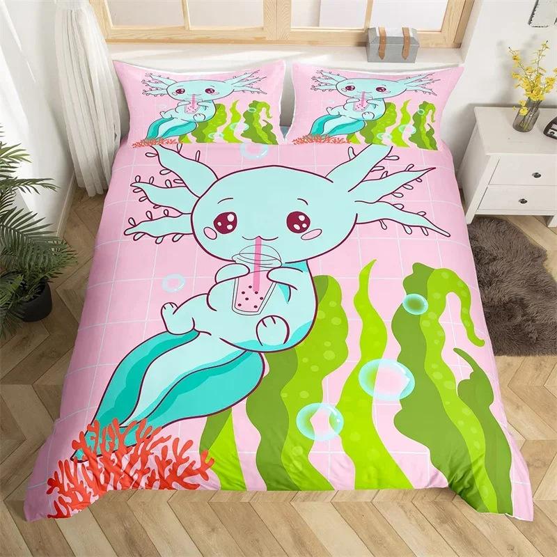 Cartoon Salamander Bedding Set, Maple Leaf Duvet Set, Microfiber Marine Life Three-Piece Set.