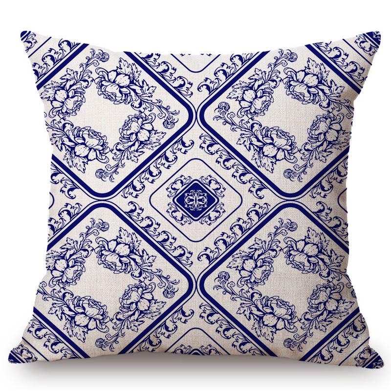 Traditional Delft Navy Blue Toile Floral Pattern Elegant Royal Luxury Home Decoration Cotton Linen Sofa Pillowcase Cushion Cover