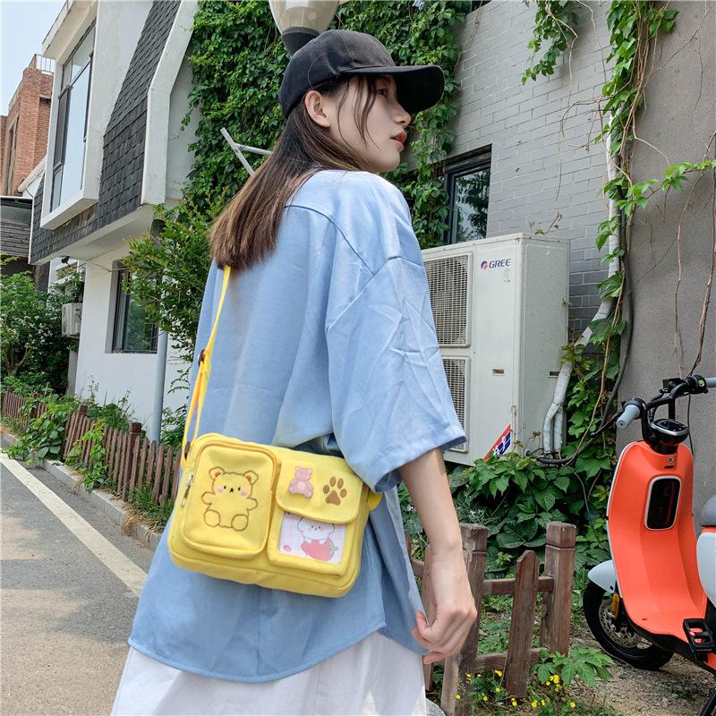 Fashion Canvas Small Bag Japanese Ins Women Shoulder Bag Cute Funny Personality Embroidery Bear Teenager Girl Student Transparent Messenger Bag