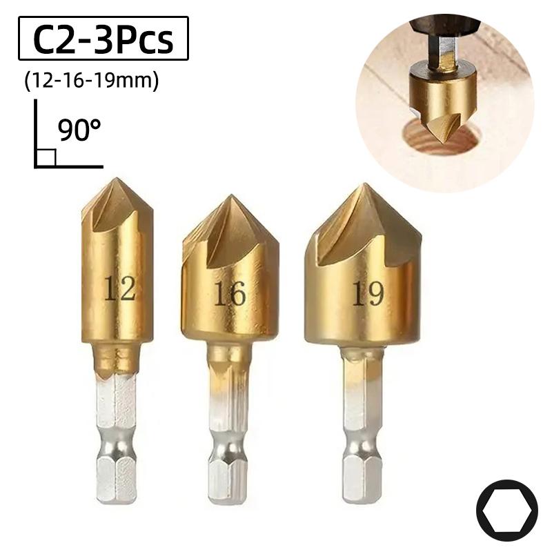 HSS Titanium Countersink Drill Bit Set Chamfer 1/4"Hex Taper Hole Cutter Wood Metal Countersunk Bit Deburring Chamfering Tool