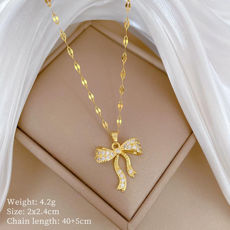 

Bow Zircon Light Luxury Temperament Gorgeous Full Diamond Necklace Female Versatile Collarbone Chain Titanium Steel Chain
