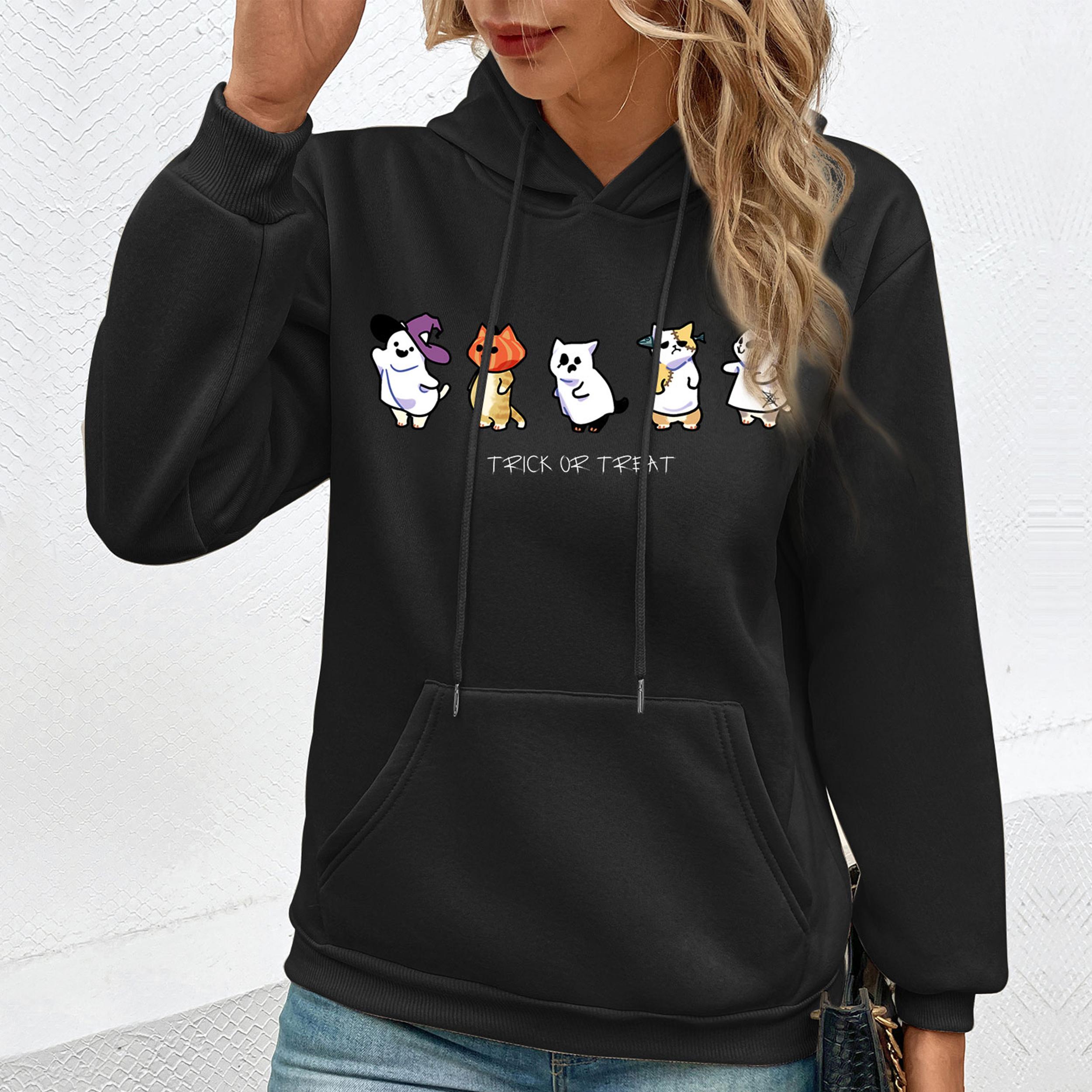 

YYFS женские модные повседневные блузки и рубашки с капюшоном и длинными рукавами с мультяшным принтом кота M чёрный