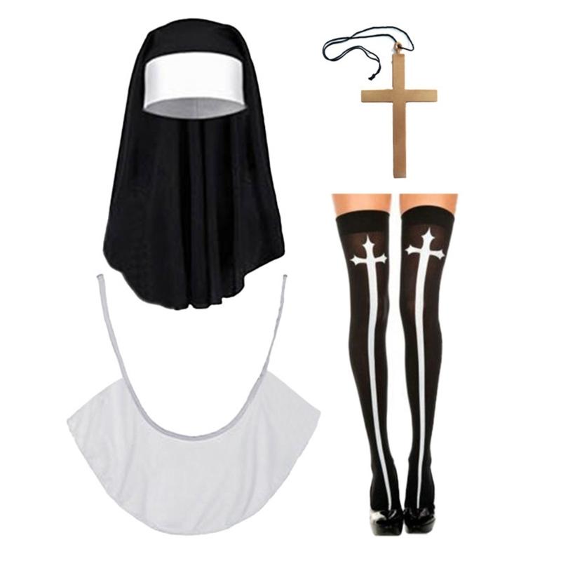 Nonnenkostüm mit Kreuzanhänger-Halskette Nonnenhut Halloween Cosplay Partykostüm