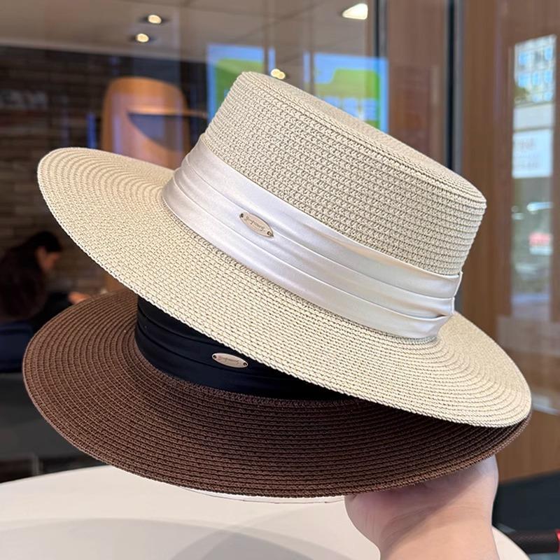 Celebrity Style Flat Top Straw Hat Women's Spring and Summer New Flat Top Top Hat Elegant Satin Temperament Straw Sun Hat