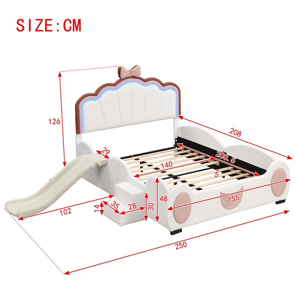 Polsterbett Kinderbett 140x200cm, Cartoon Bett mit Kopftei und Lattenrost, mit LED-Farbwechsellicht, Rutsche und Leiter, Ohne Matratz