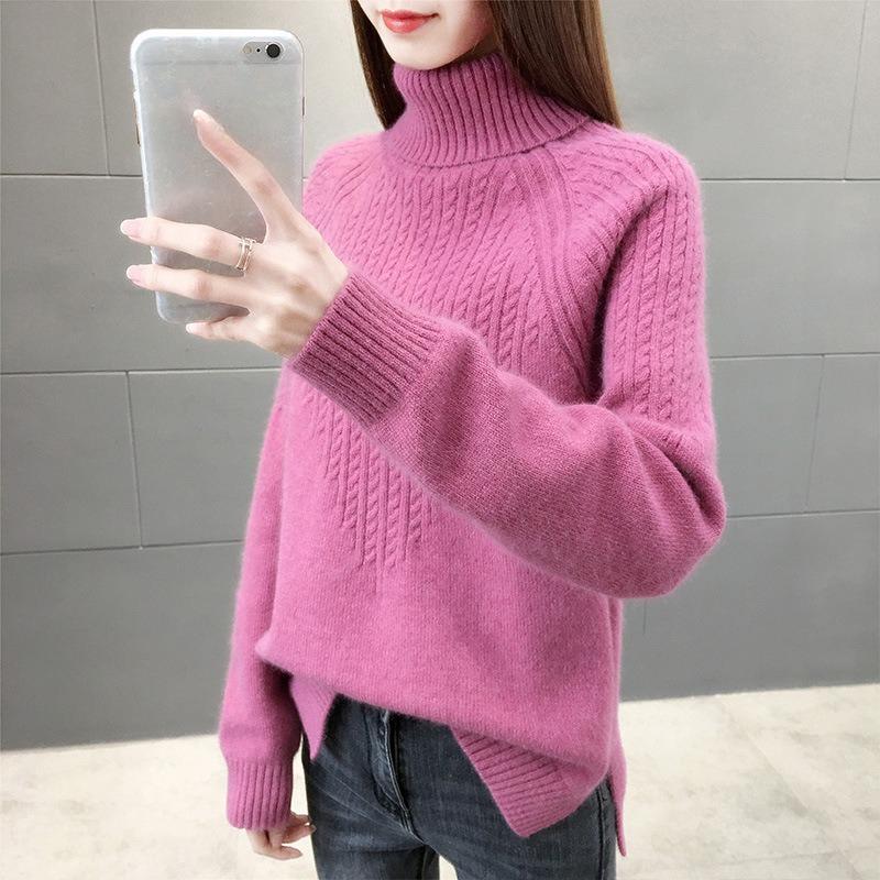 Women's  Knitted Loose Pullover Sweater Thickened Sweater High Collar Shirt Solid Color Autumn/Winter