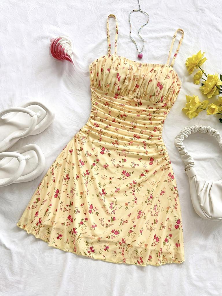 2025 Spring/Summer Floral Print Spaghetti Strap Dress: Waist-Cinching, Sexy Vacation Style for Women