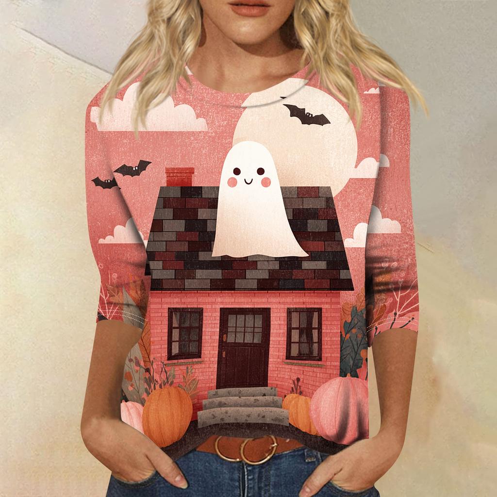 Women's Casual Crew Neck Three Quarter Sleeve Halloween Print T Shirt Top Lightweight Comfortable Fit for Everyday Wear
