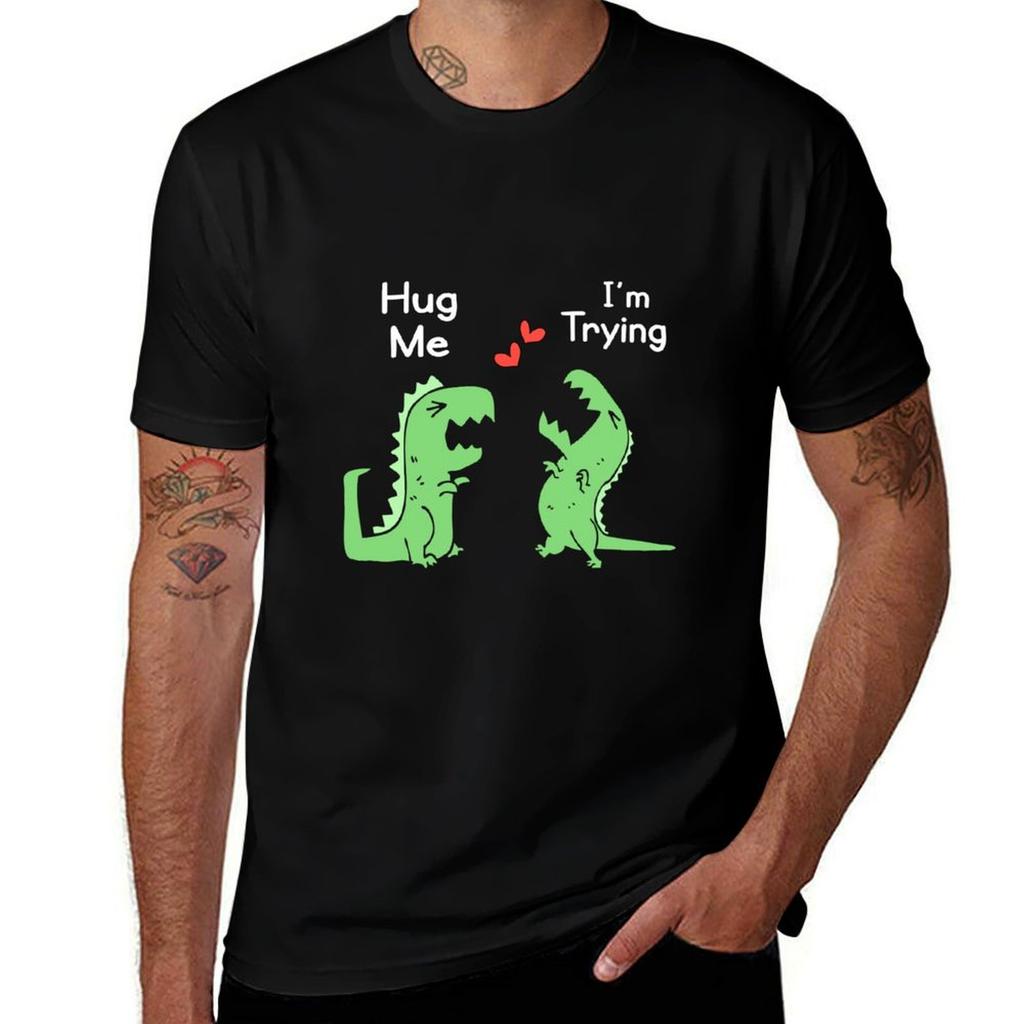 Trex Dinosaur Couple Hug Me Valentines Day Funny Tshirt Casual Simple Design Short Sleeve Shirt