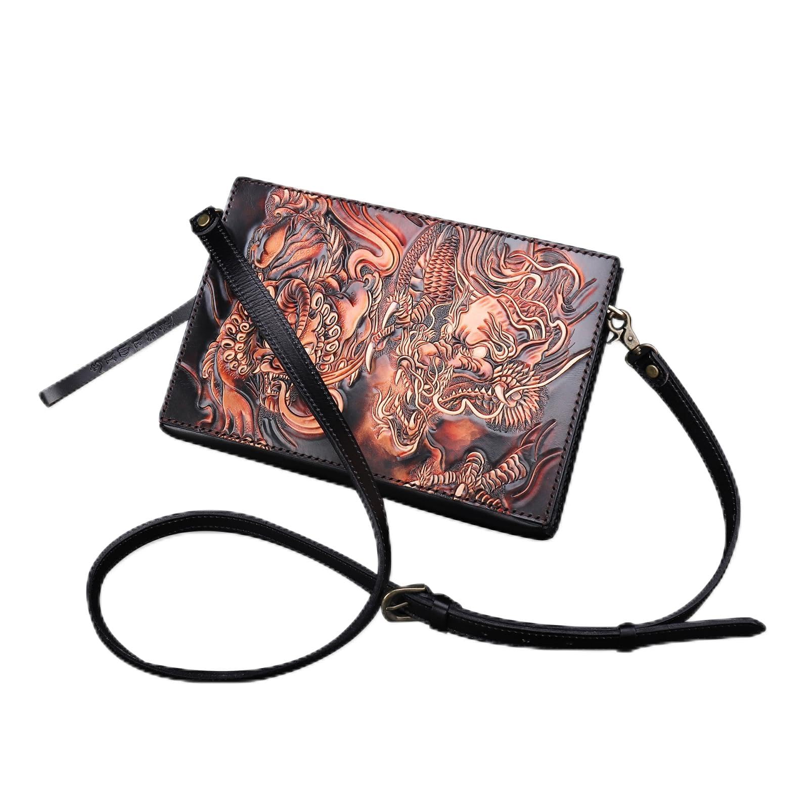 

Чоловіча сумка через плече Jessimi зі справжньої шкіри, Сумка-кросбоді, Клатч, Сумка-месенджер, Дизайн з різьбленим драконом Піксіу, На одне плече, 2-стороння,