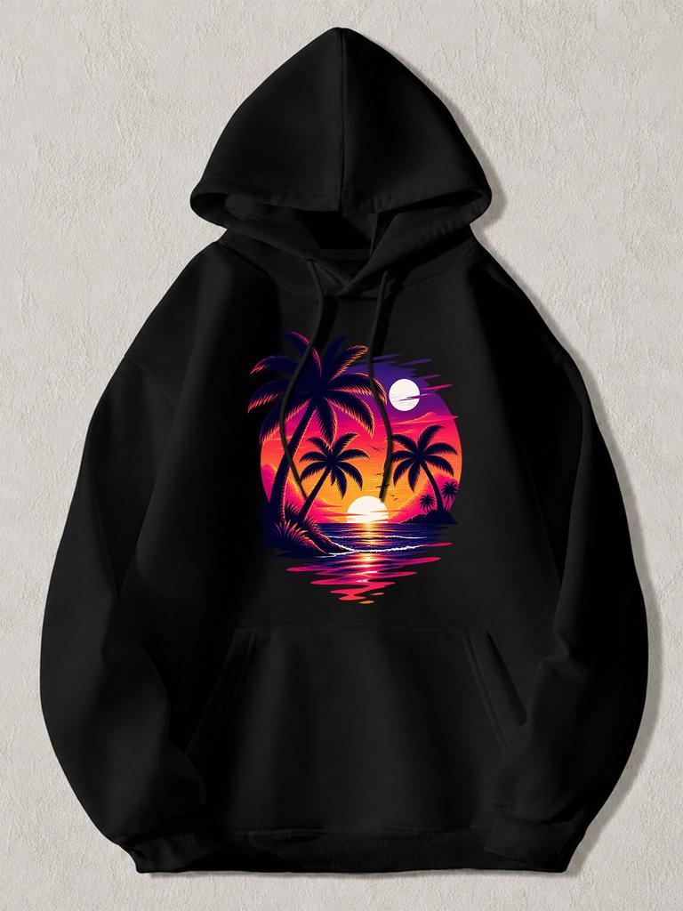 Black Pullover Hoodie with Retro Sunset Palm Tree Graphic Vibrant Tropical Beach Print Sweatshirt for Men Women Casual Streetwear