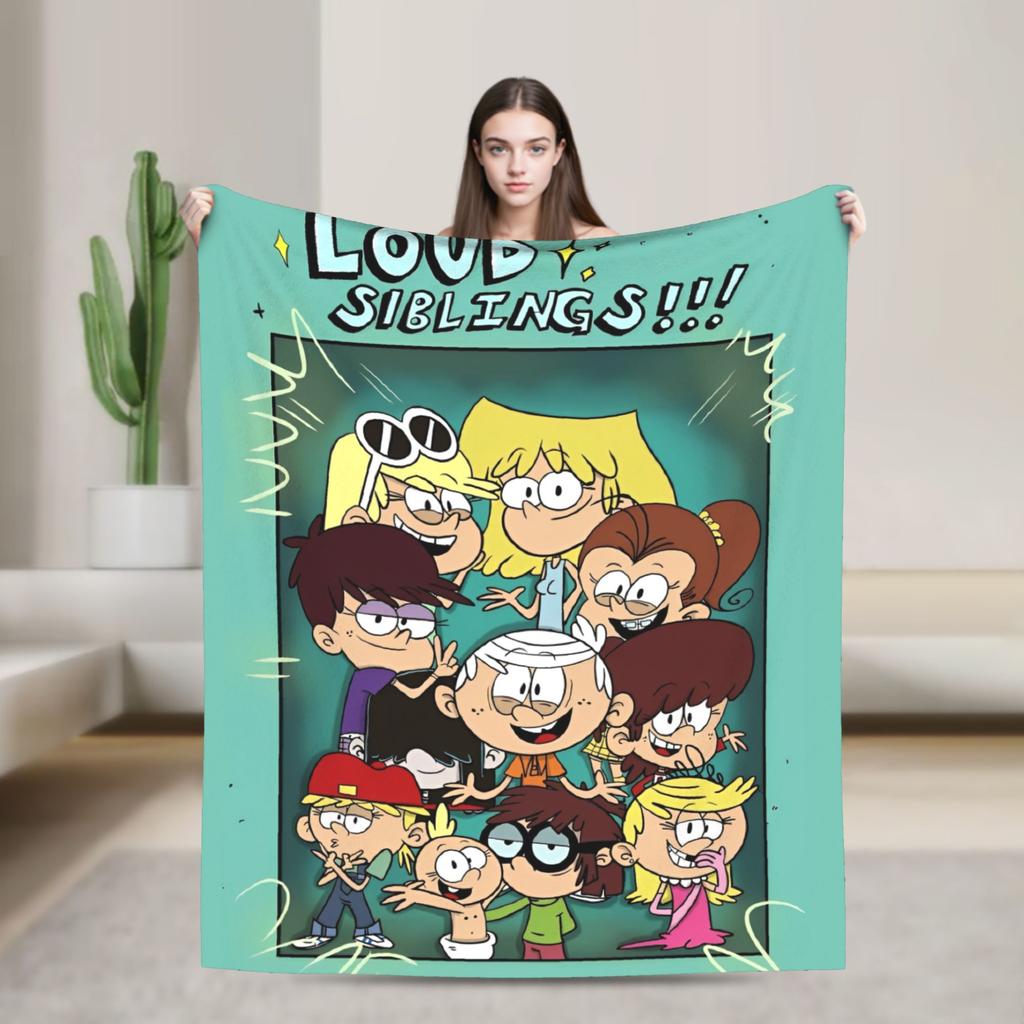 L-Loud Houses Familie Cartoon Plüsch Überwurf für Couch Sessel Sofa Bett Flugzeug Reise Flanell Tagesdecke Bettbezug