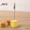 Metal Pole Memo Stand 2 Pcs Wooden Cube Base Holder with Clips, Mini Table Smooth Open Close Clip Number Stands for Name Cards, Photos, Memos,