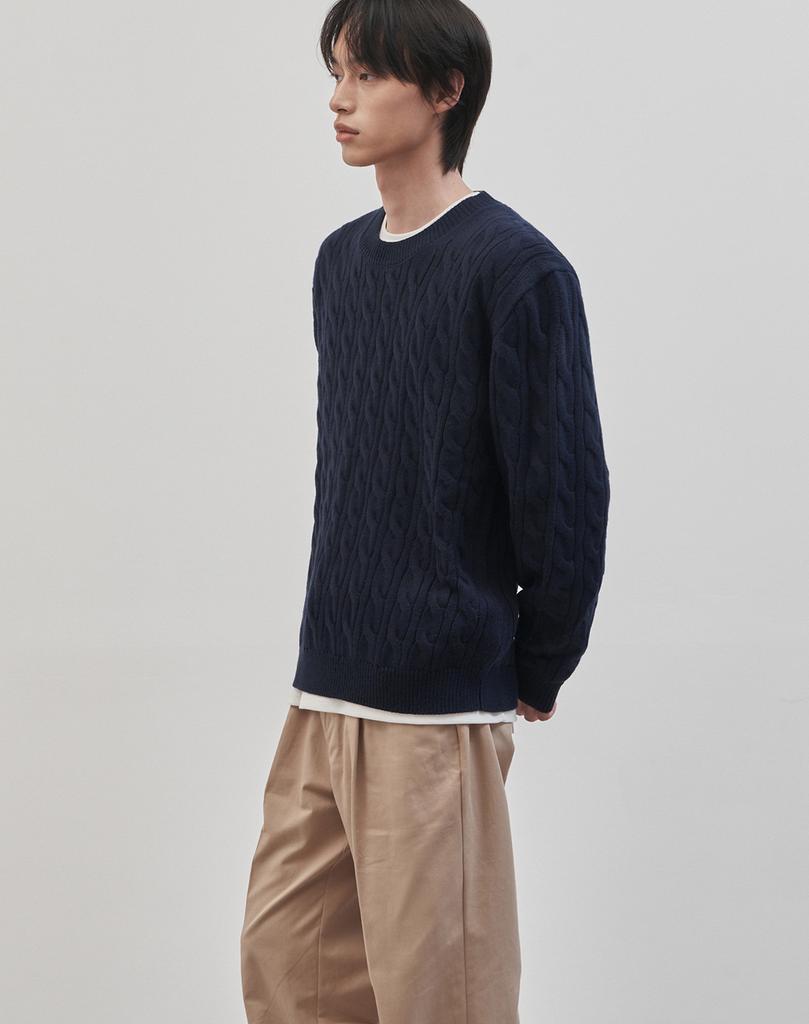 WORK ON BODY OFF Tresso Semi-Overfit Cable Long Sleeve Knit [Navy]